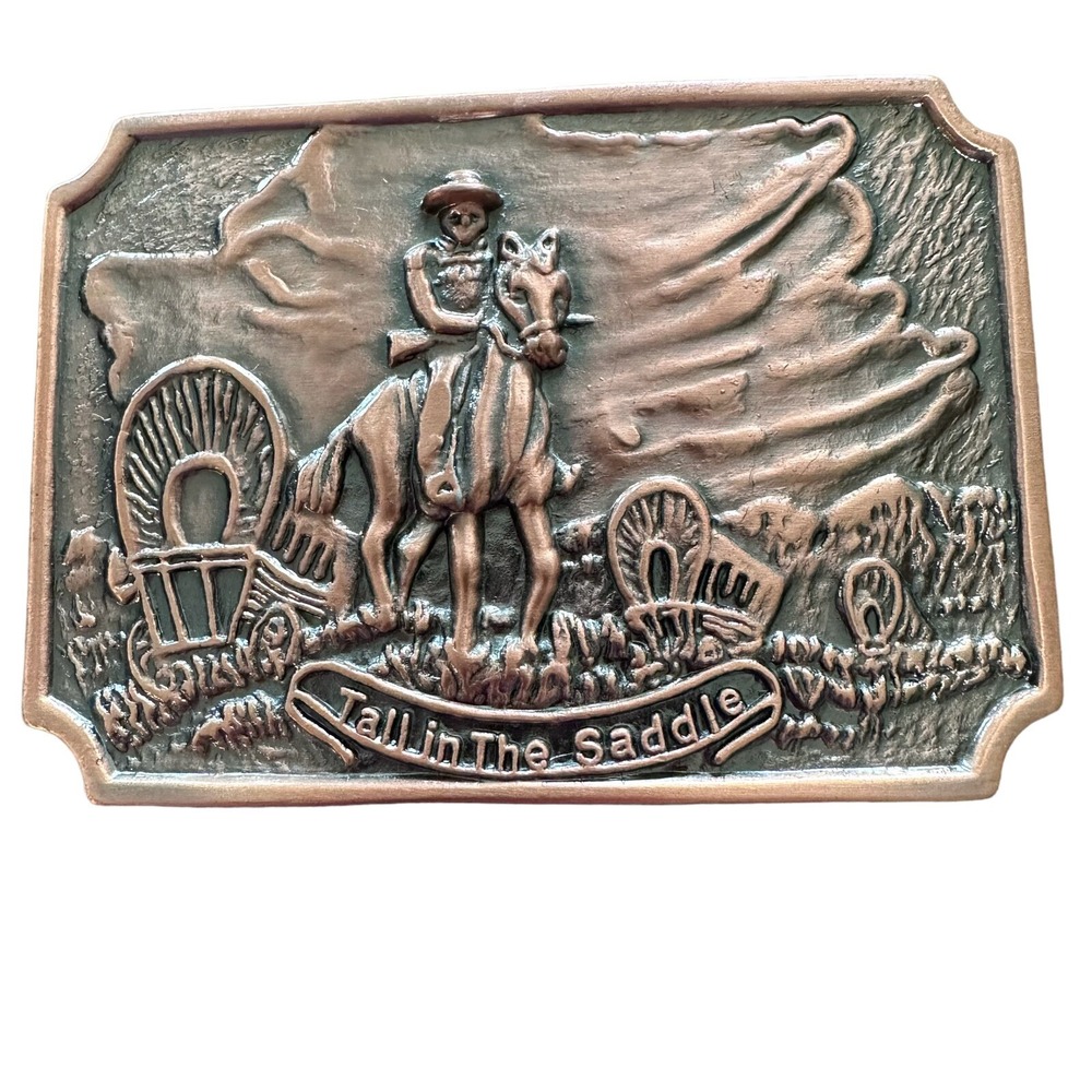 Tall In The Saddle Cowboy John Wayne Western Wagon 1980s Vintage Belt Buckle